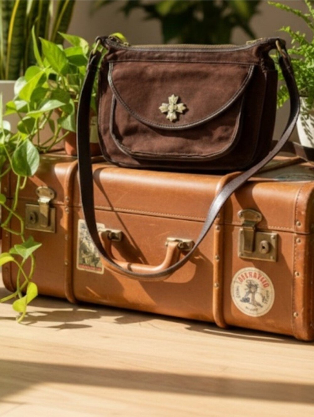 Patrucia Nash Camila Dark Brown Suede Shoulder Bag with Brass Accent